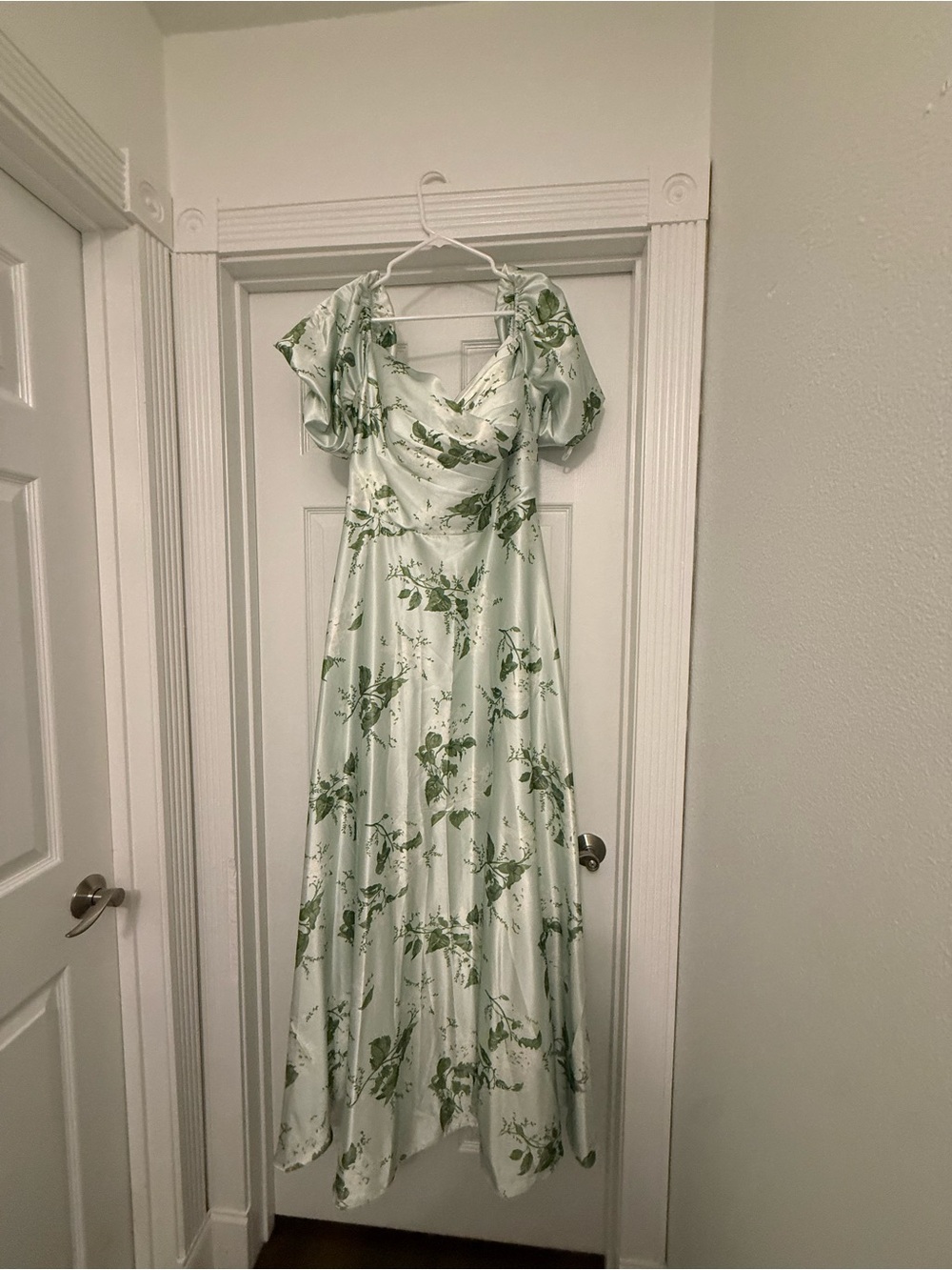 Satin Green Floral Maxi Dress with Cowl Neck and Puff Sleeves